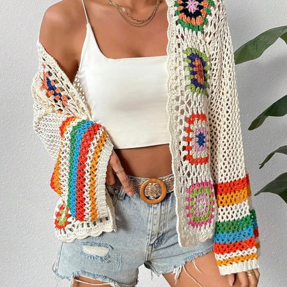 Ivory Multicolor Crochet Patchwork Open Boho Bohe… - image 6